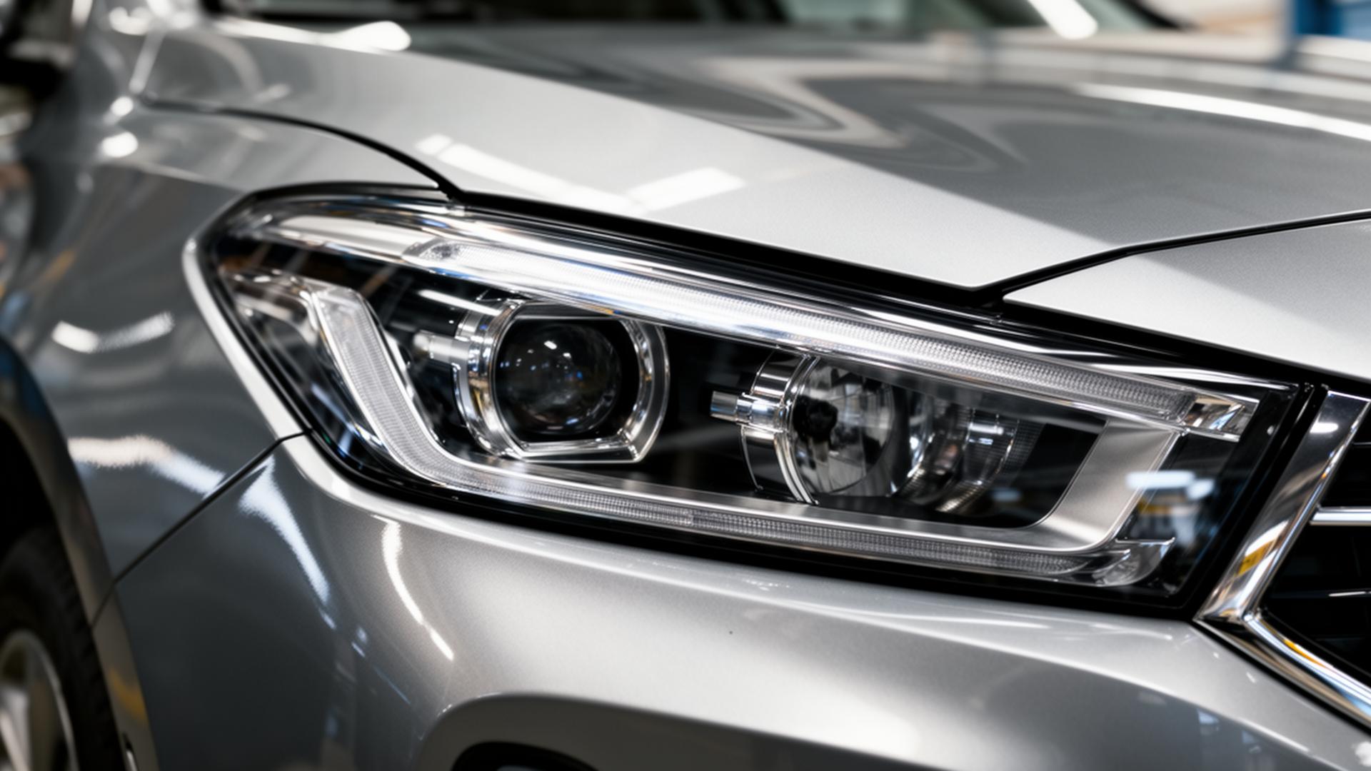 Detail of a modern car headlight on a production line