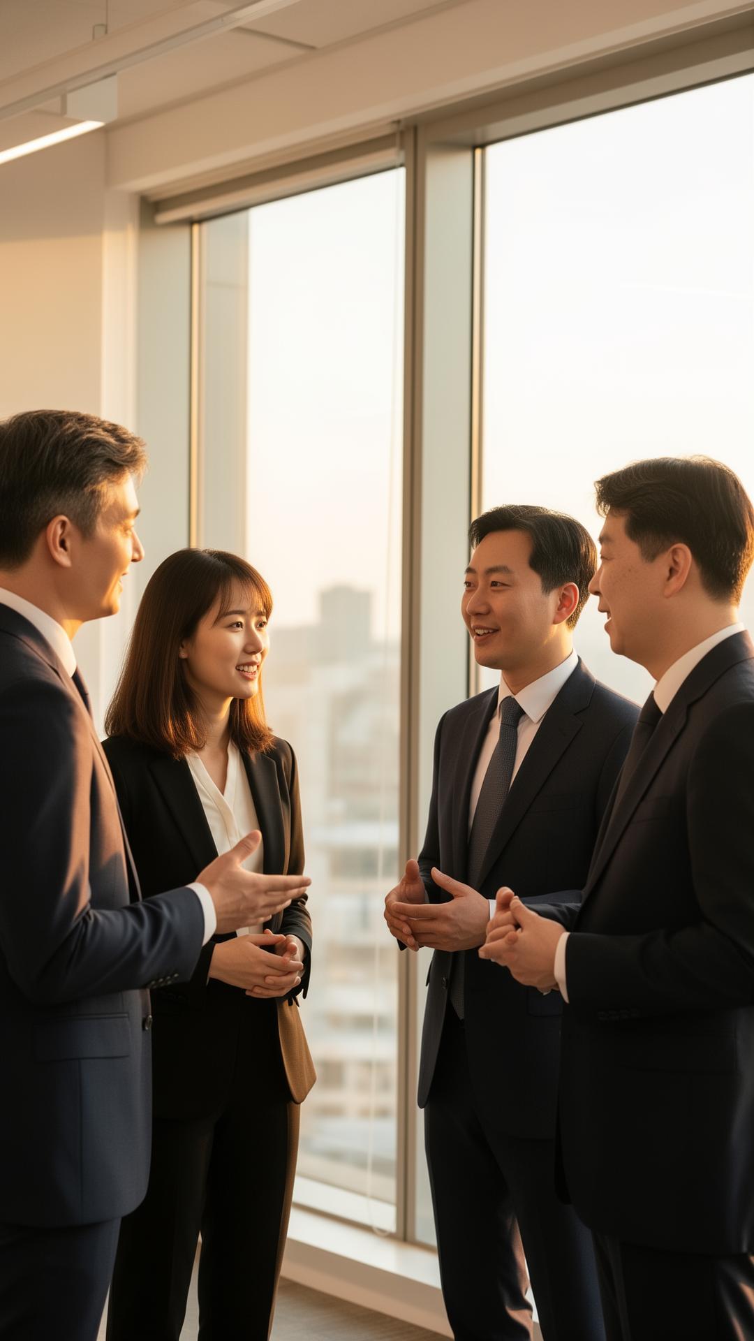 Korean and European business professionals in conversation