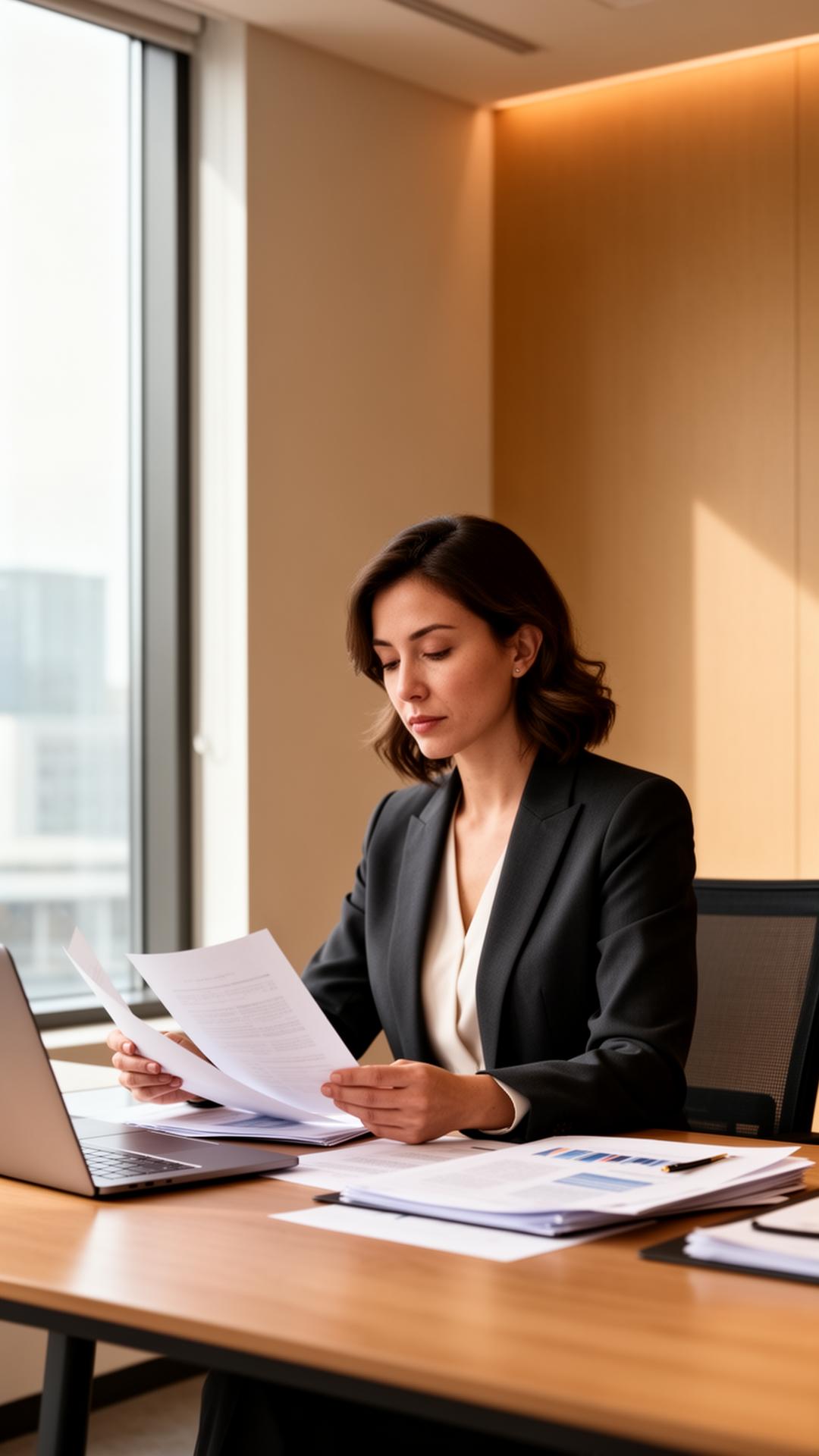 A professional reviewing documents at a modern office desk
