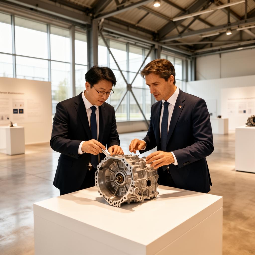 A Korean representative and a European engineer examining a product in a modern showroom